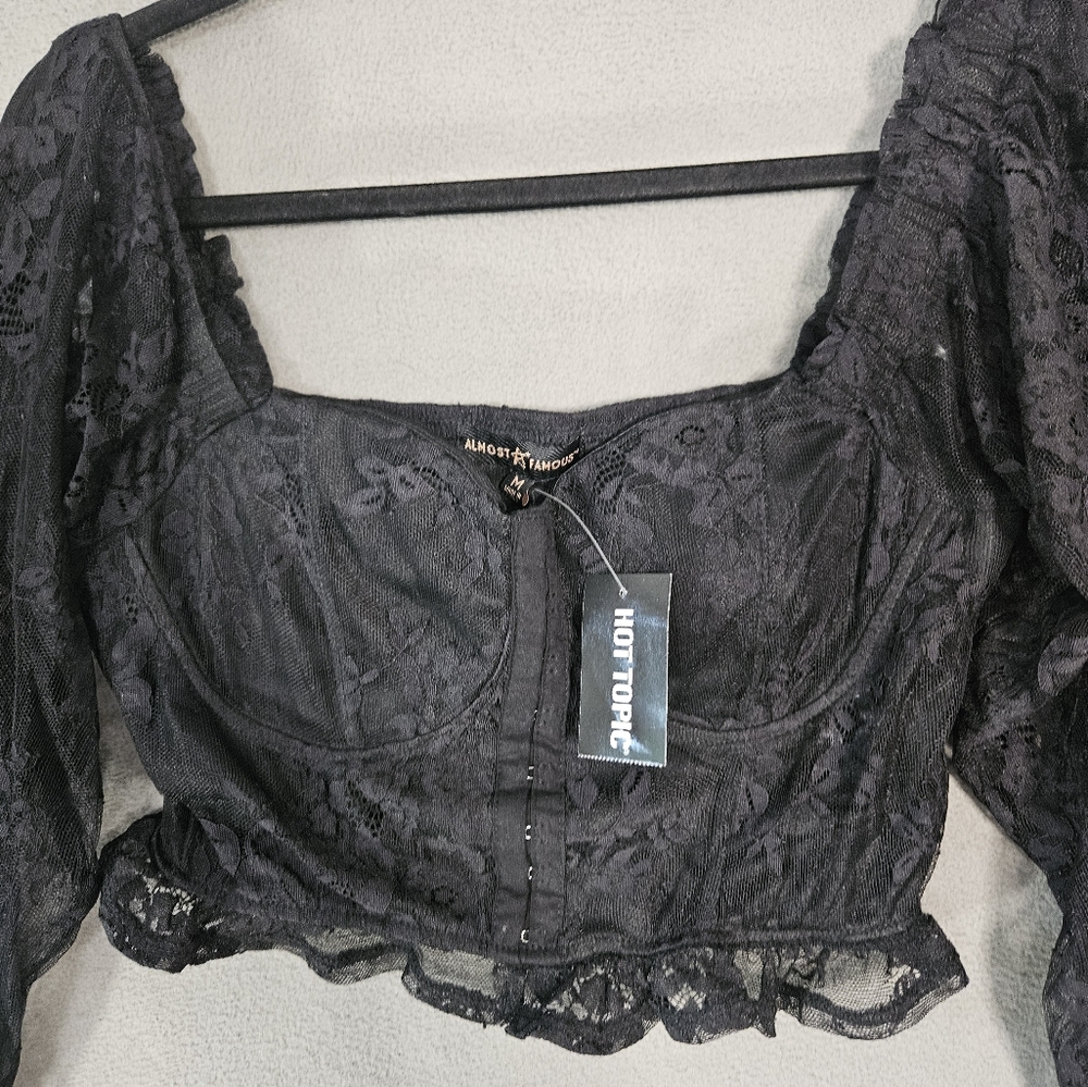 NWT Hot Topic Almost Famous Womens Medium Crop Top Shirt Goth Black Lace Fitted - Picture 2 of 11